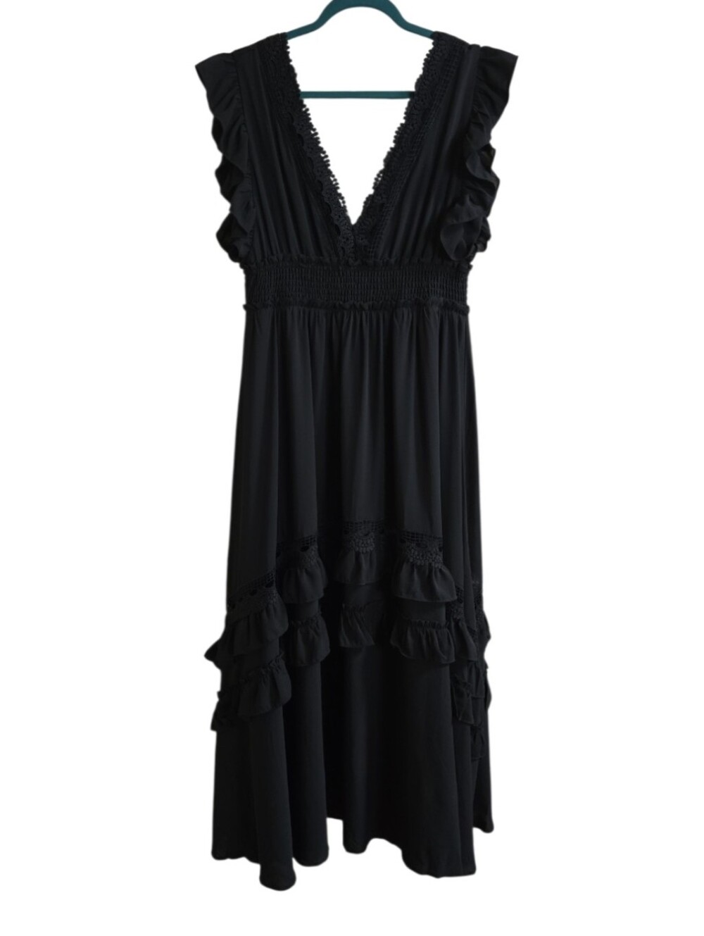 Baltic Born Black Ruffle Crochet Whimsigoth V-neck Lined Maxi Dress. Size XL